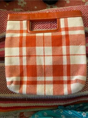 Banana Republic Orange and Cream Plaid Cutout-Handle Clutch